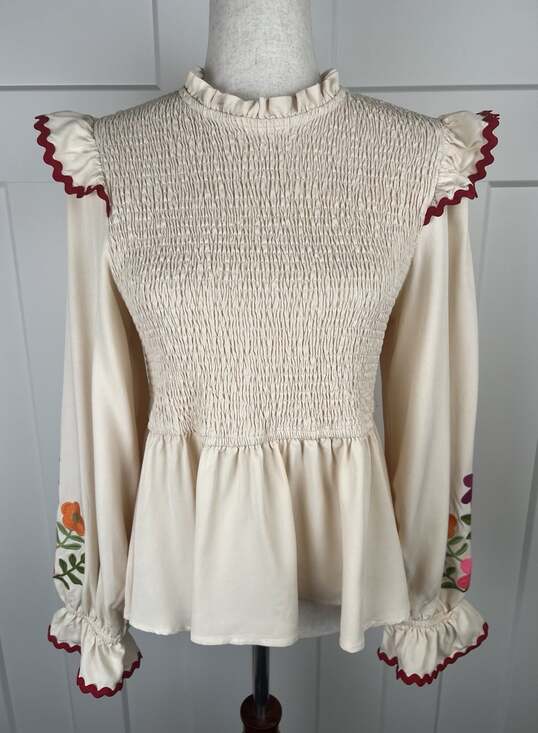 Easel Tops - Easel Medium Embroidered Floral Smocked Peplum Blouse Balloon Sleeve Boho